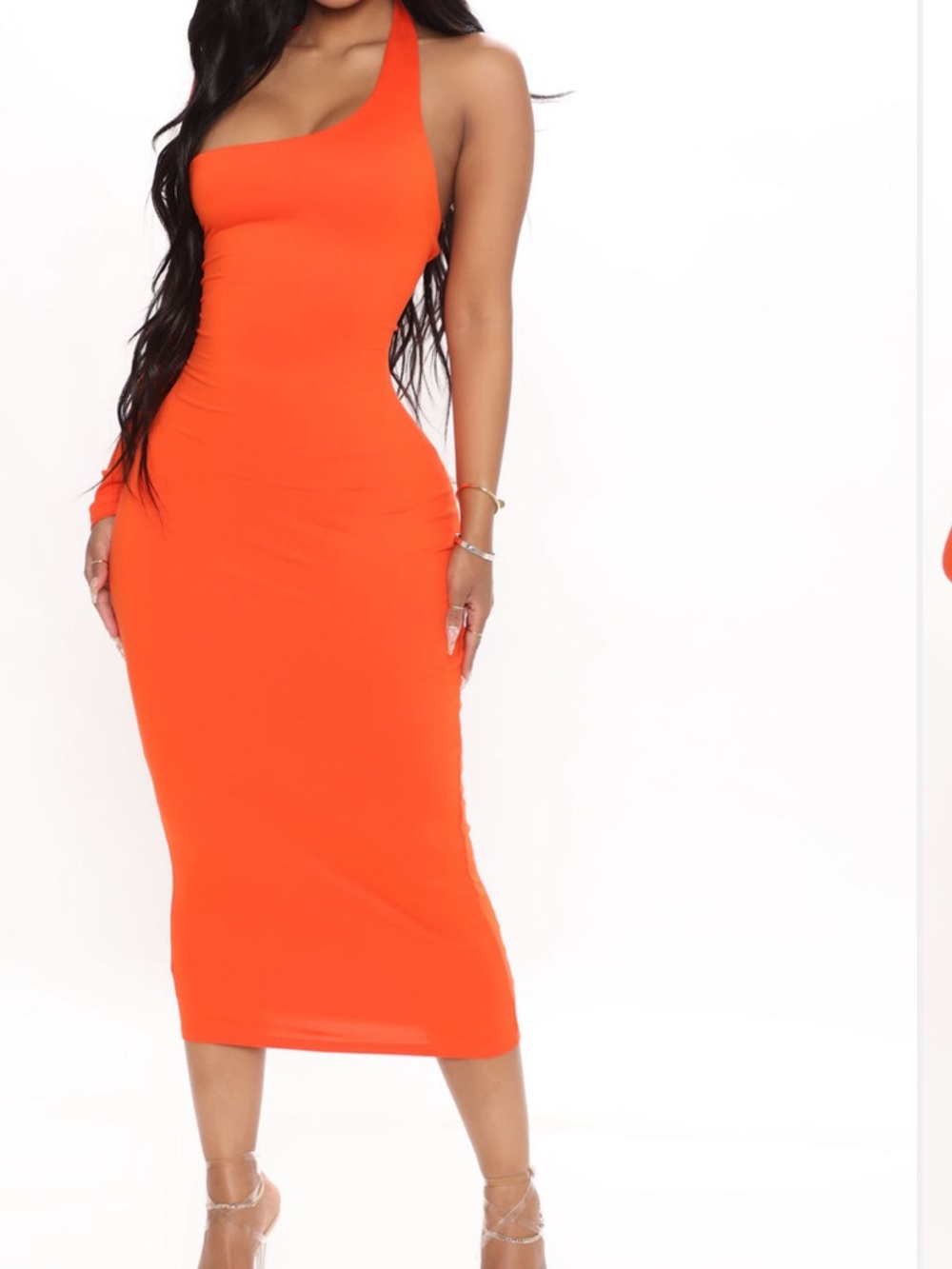 Orange One-Shoulder Midi Dress